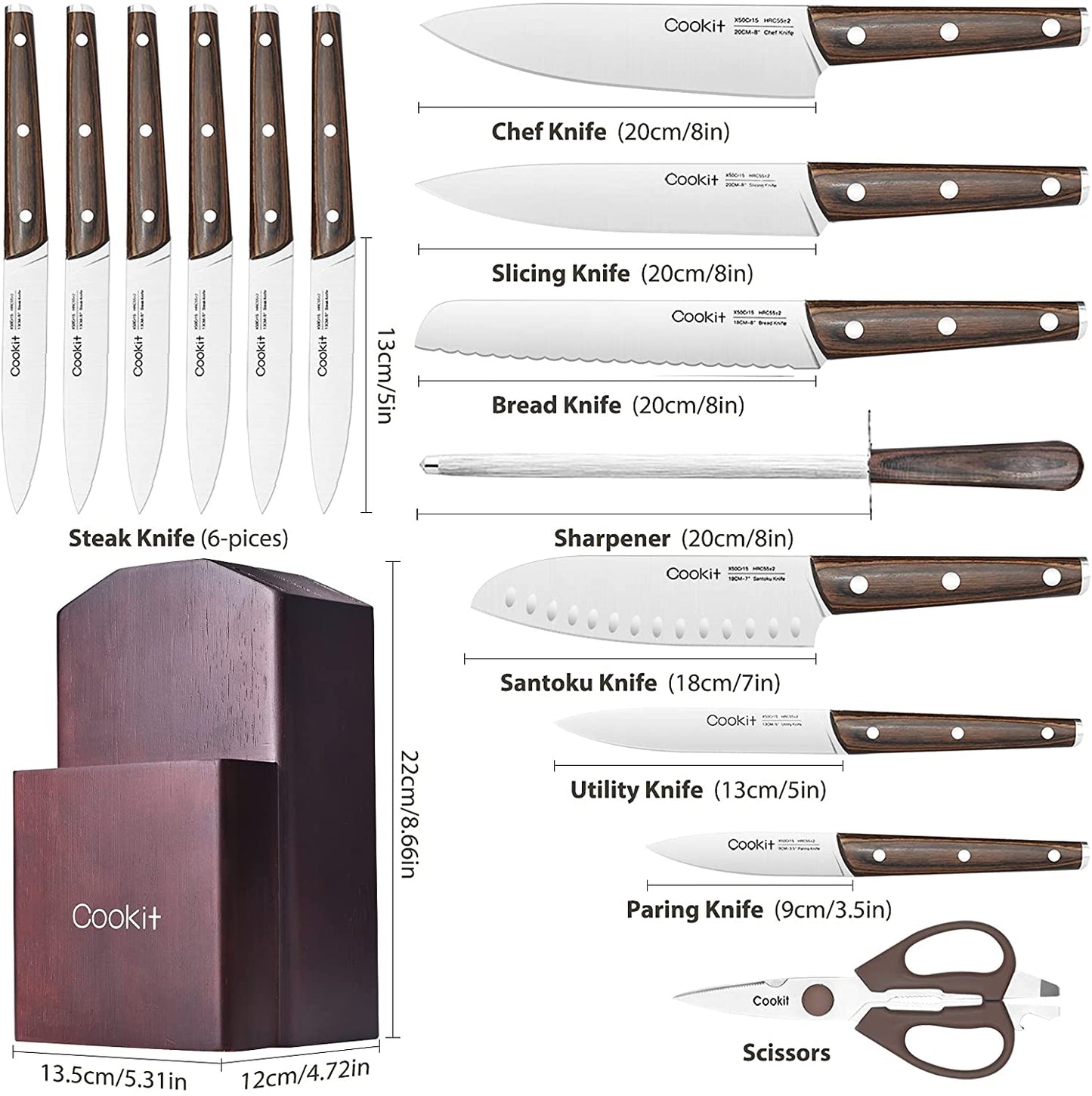 15-Piece Kitchen Knife Set with Block, Stainless Steel Knives